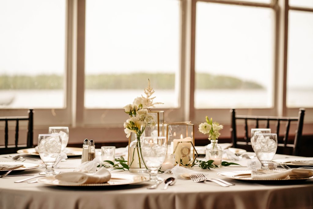 A beautiful reception table is prepped at one of the best wedding venues in Upstate New York